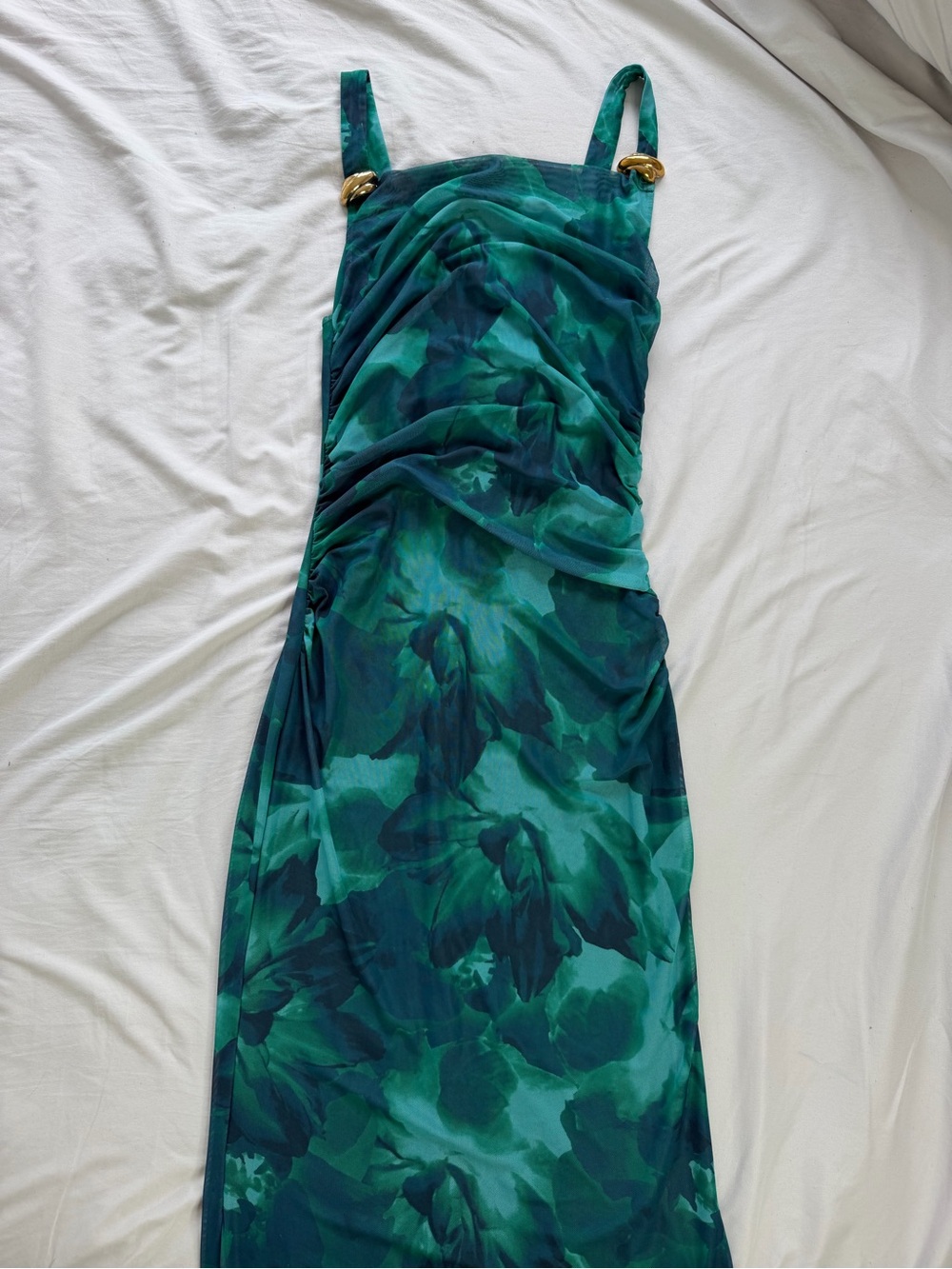 Zaful Teal & Emerald Floral Ruched Slip Maxi Dress